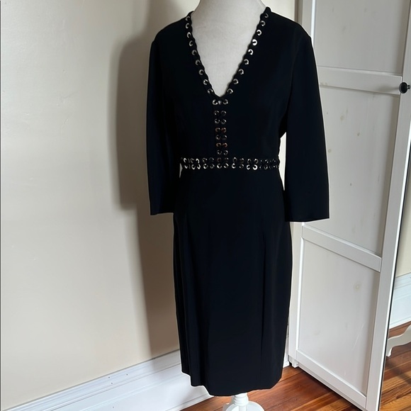 Michael Kors Collection Elegant Black V-Neck Dress with Silver Gromet Detail 12 - Picture 3 of 9